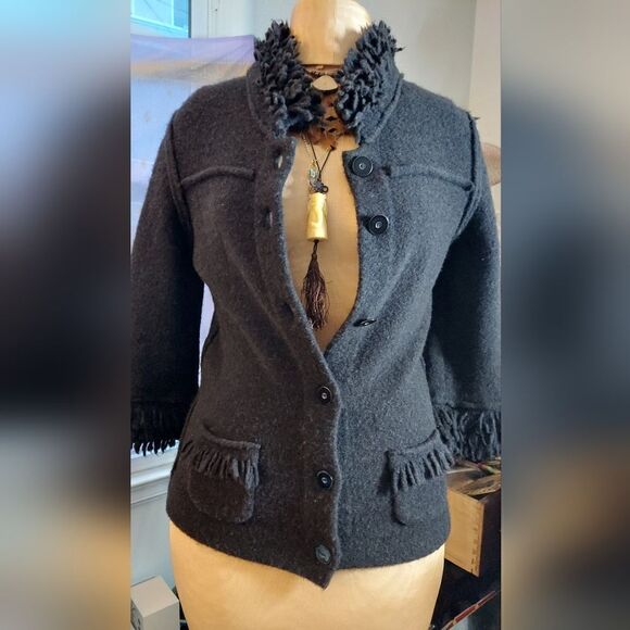 𝅺MARCCAIN Felted Wool Fringe Jacket Black Felted Jacket Size N 2 - Picture 4 of 13